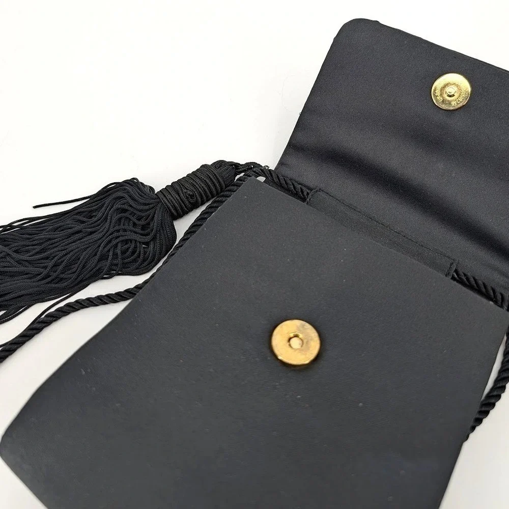 Lord & Taylor Vintage Black Satin Evening Bag Pleated Tassel Crossbody Clutch - Picture 6 of 12